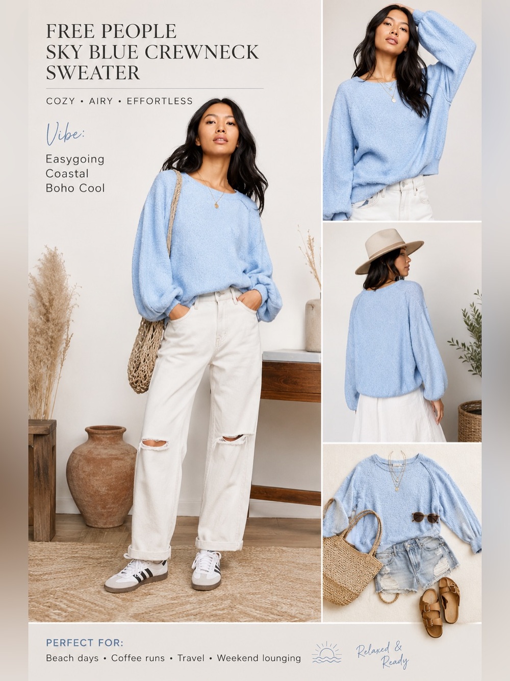 Free People Sky Blue Women's Crew Neck Sweater